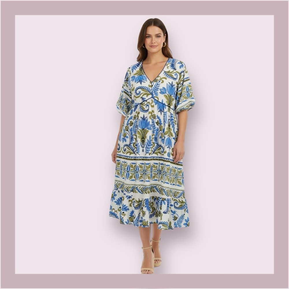 Fig & Flower Linen Blend Floral Paisley Tiered Midi Dress